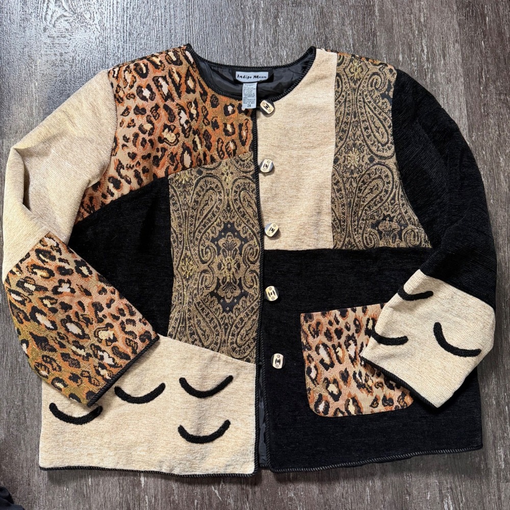 Indigo Moon Jacket Women 2X Multi Color Patchwork Leopard Paisley Artβ To Wear
